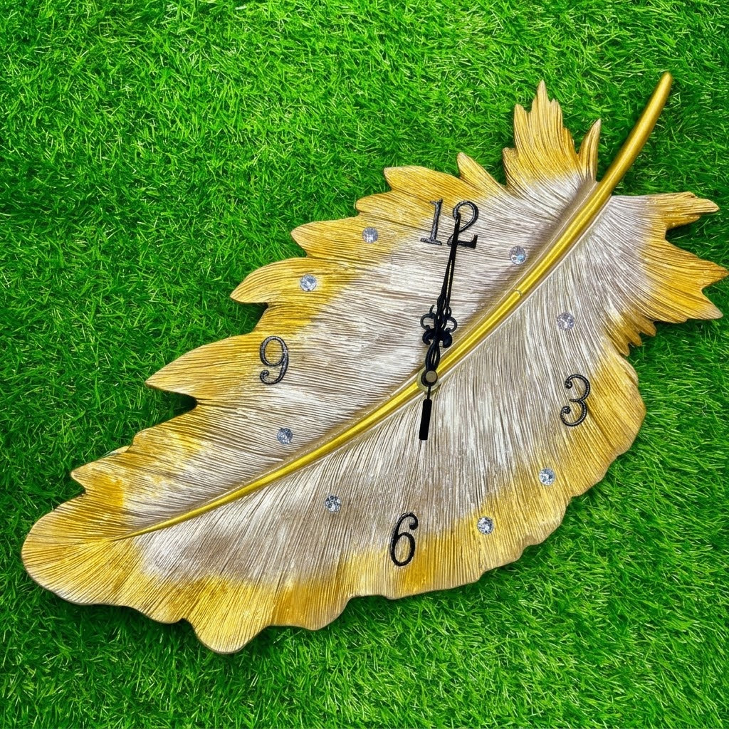 Luxury Crystal Feather Decorative Wall Clock – Textured Resin & Gold Accent