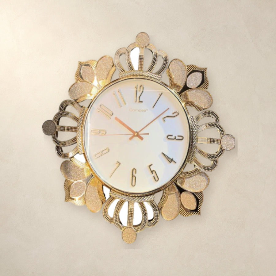 Compas Royal Crown Luxury Quartz Wall Clock – Gold Filigree Statement Decor
