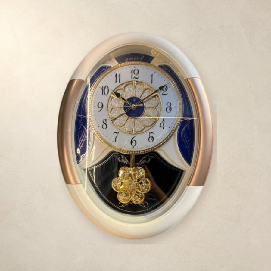 Luxurious Oval Wall Clock with Floral Crystal Pendulum