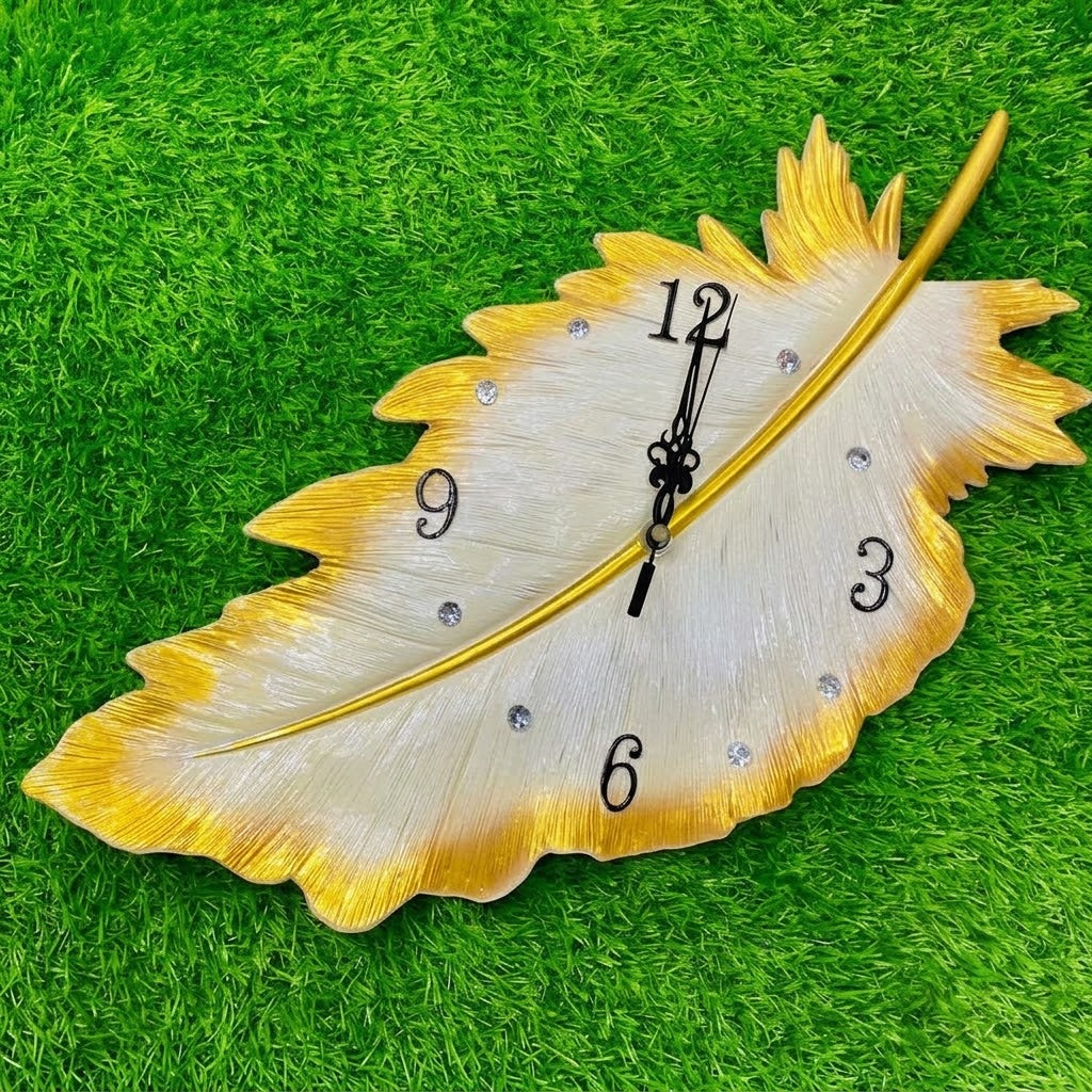 Luxury Crystal Feather Decorative Wall Clock – Textured Resin & Gold Accent