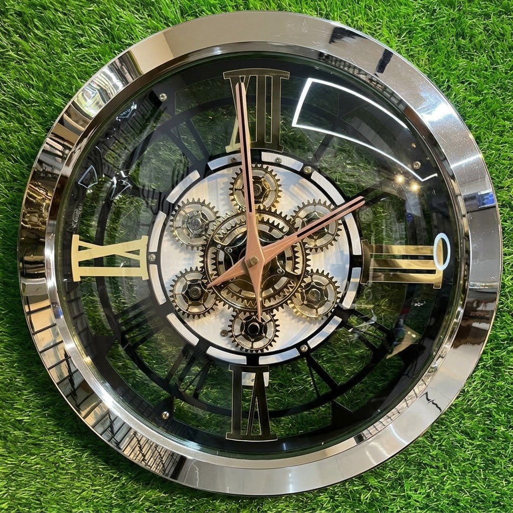 Luxurious Chrome Skeleton Wall Clock with Visible Moving Gears