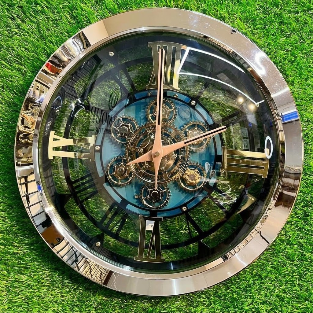 Luxurious Chrome Skeleton Wall Clock with Visible Moving Gears