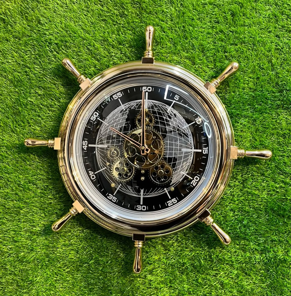 Luxury Ship Wheel Steering Metallic Wall Clock with Exposed Gear Mechanism