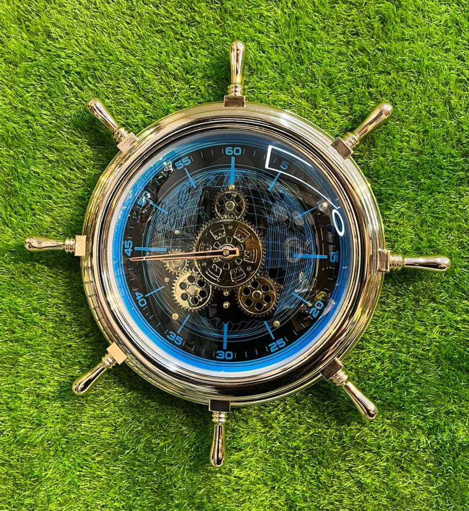 Luxury Ship Wheel Steering Metallic Wall Clock with Exposed Gear Mechanism