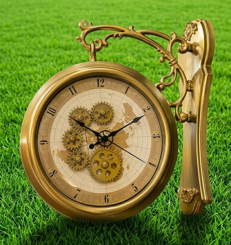 Royal Vintage Brass Double-Sided Wall Clock with Moving Gears